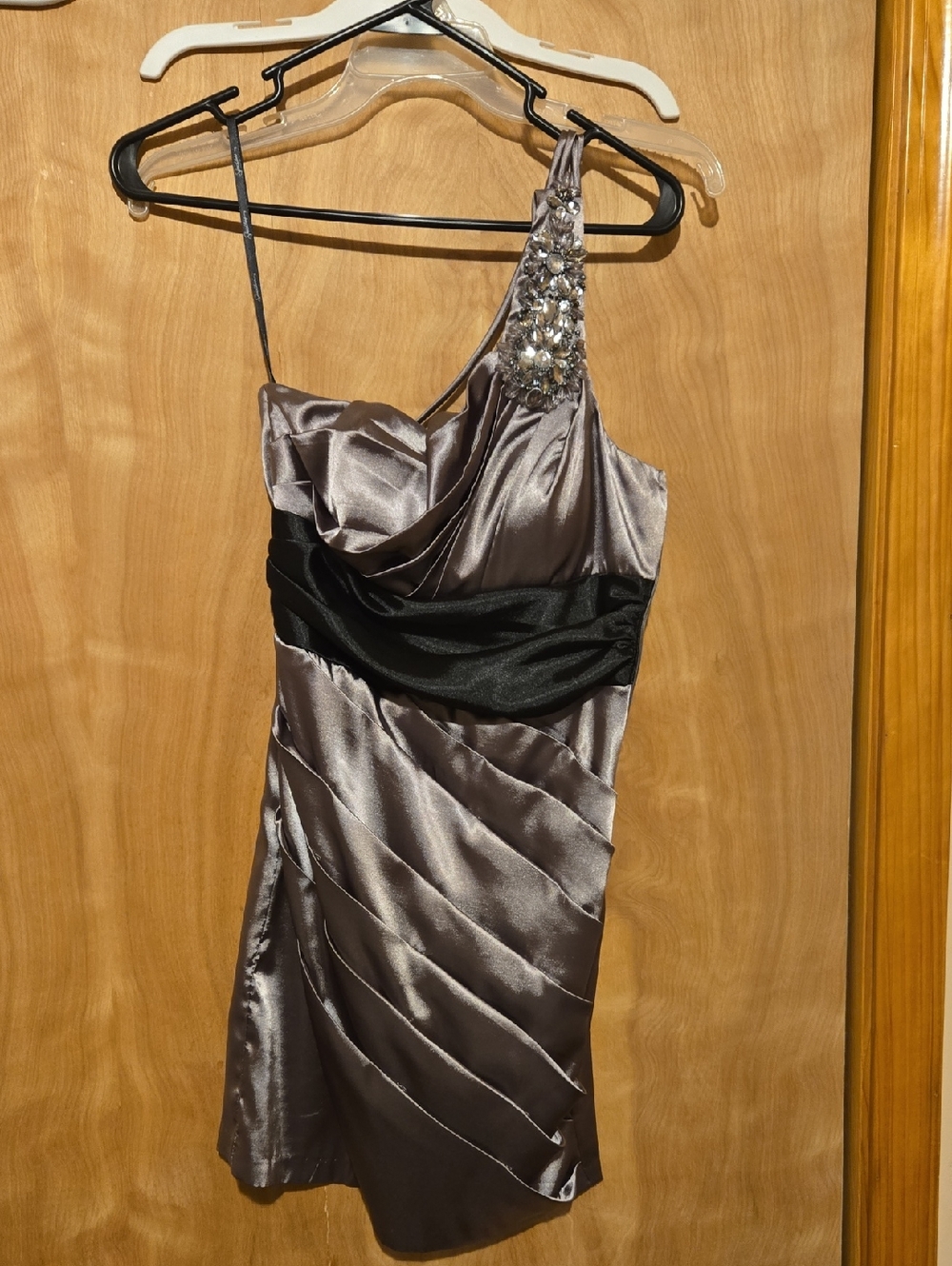 Speechless One-Shoulder Gunmetal Satin Dress with Jeweled Strap and Black Waist